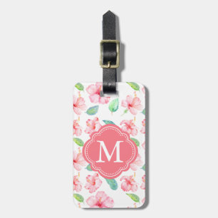 Pink Hibiscus Watercolor Flowers Monogram Luggage Tag