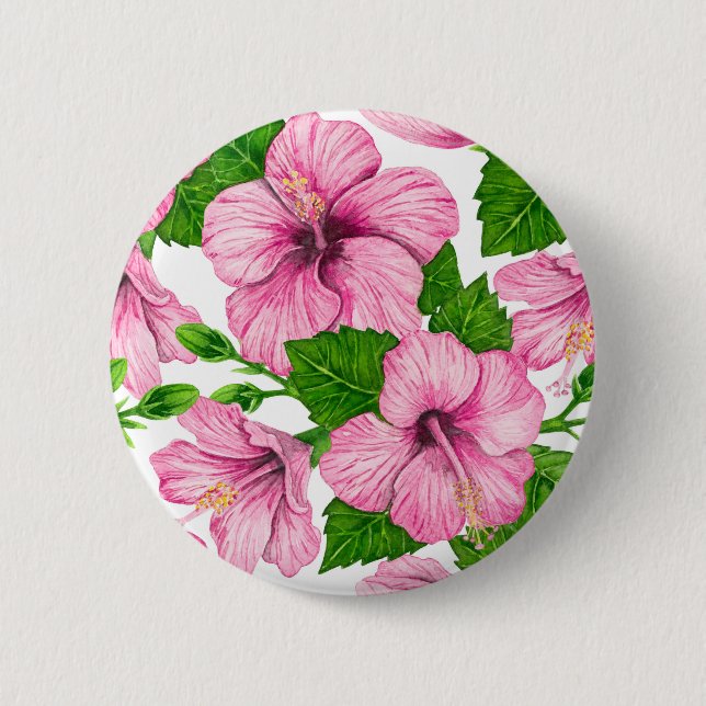 Pink hibiscus watercolor pattern 6 cm round badge (Front)