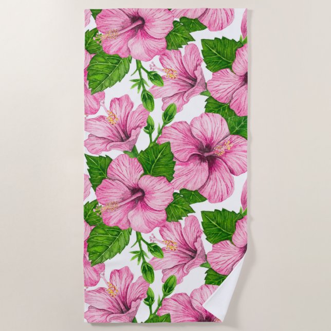 Pink hibiscus watercolor pattern beach towel (Front)