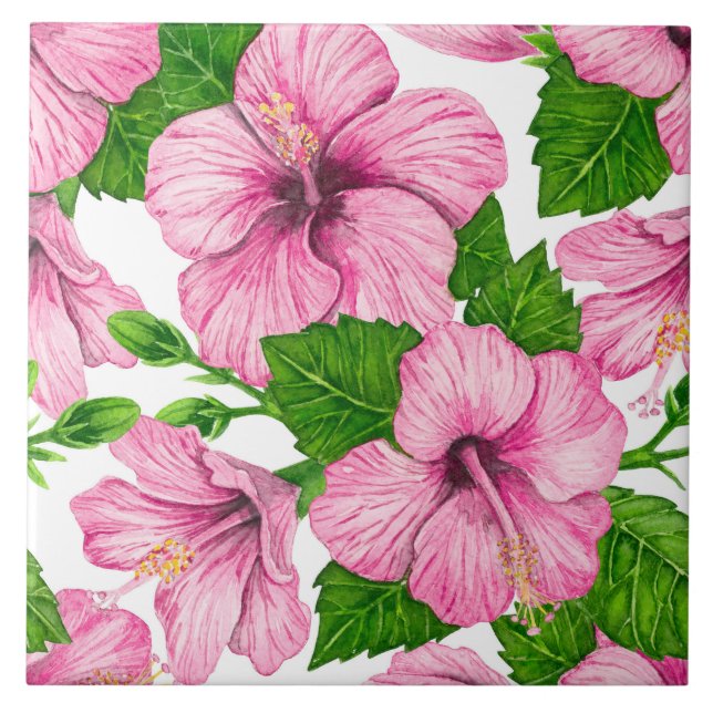 Pink hibiscus watercolor pattern ceramic tile (Front)