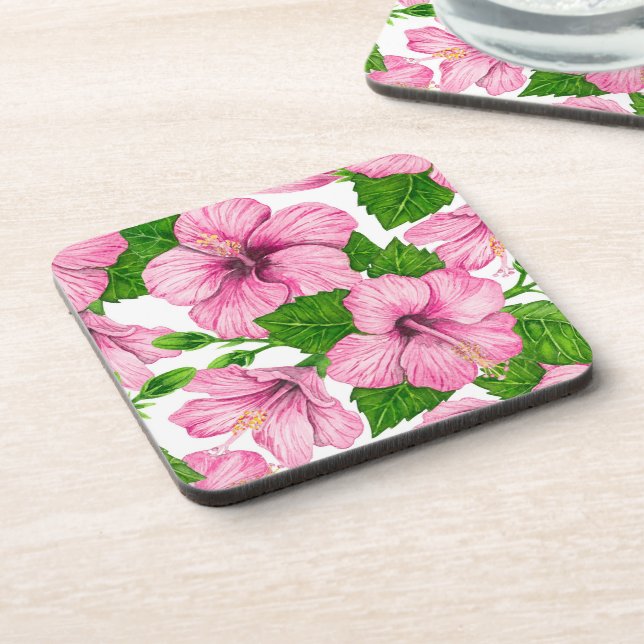 Pink hibiscus watercolor pattern coaster (Left Side)