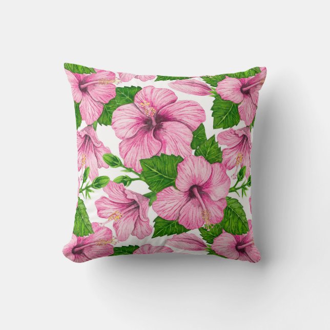 Pink hibiscus watercolor pattern cushion (Front)