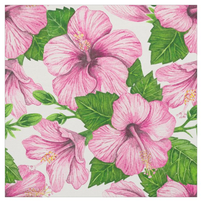 Pink hibiscus watercolor pattern fabric (Swatch)