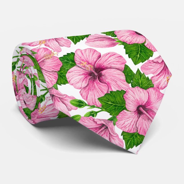 Pink hibiscus watercolor pattern tie (Rolled)