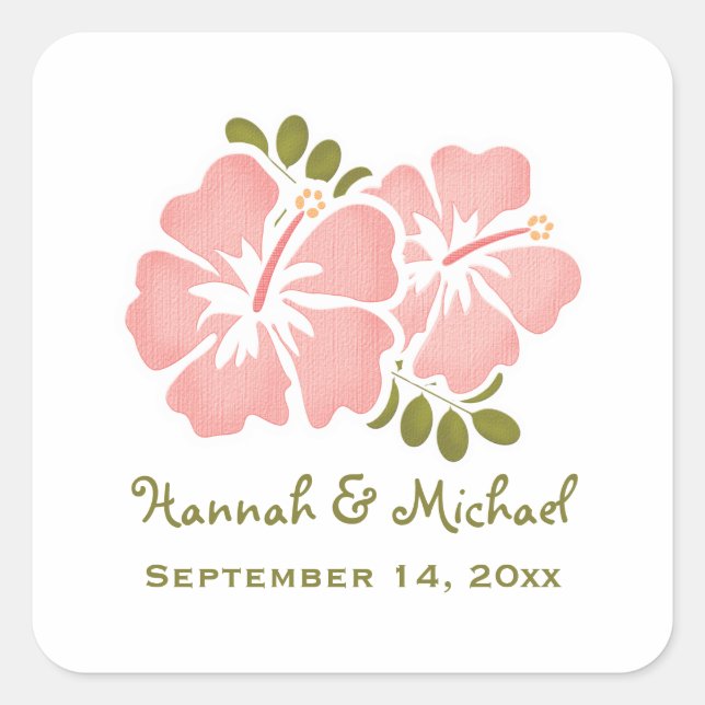 Pink Hibiscus Wedding Favour Sticker Seal (Front)