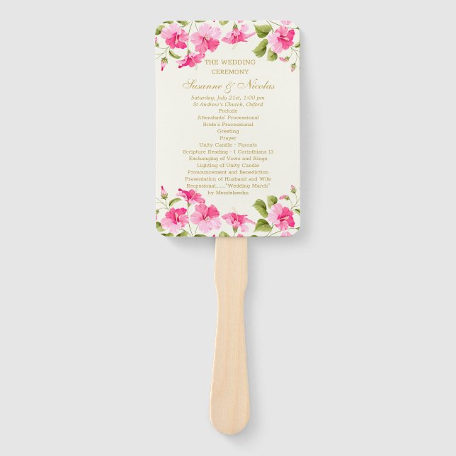 Pink Hibiscus Wedding program Hand Fan (Front)