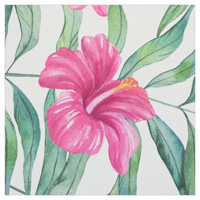Pink hibiscus with green leaves tropical pattern fabric (Swatch)