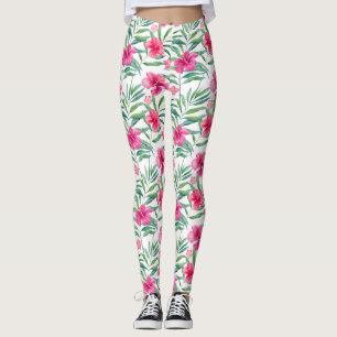 Pink hibiscus with leaves tropical pattern leggings