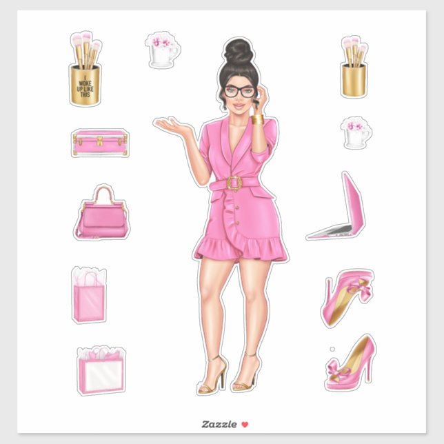 Pink High Fashion Brunette Women Planner Decals (Sheet)