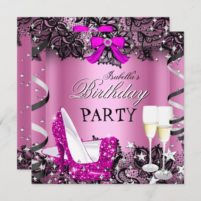 Pink High Heel Champagne Black Lace Birthday Party Invitation (Front/Back)