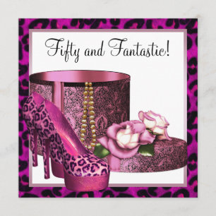 Pink High Heel Shoes Womans Leopard 50th Birthday Invitation