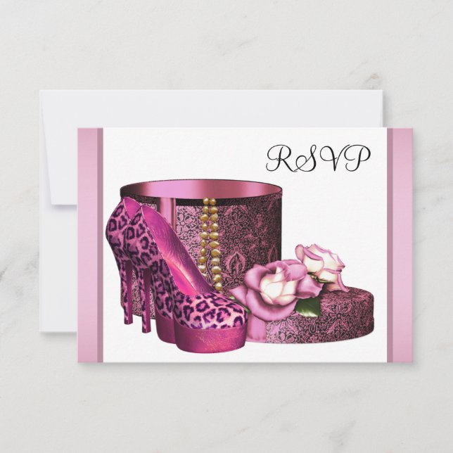 Pink High Heel Shoes Womans Leopard 50th Birthday RSVP Card (Front)