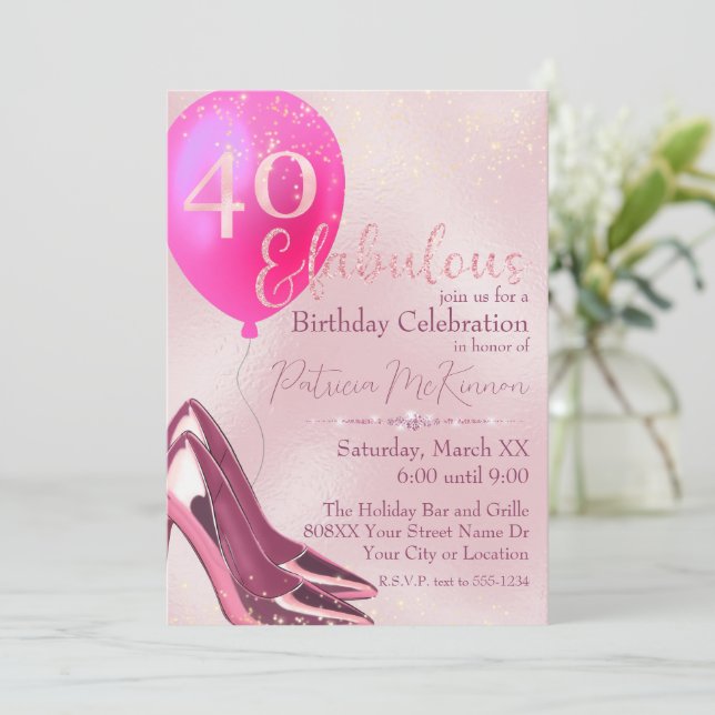 Pink High Heel Stilettos Glitter 40th Birthday Invitation (Standing Front)
