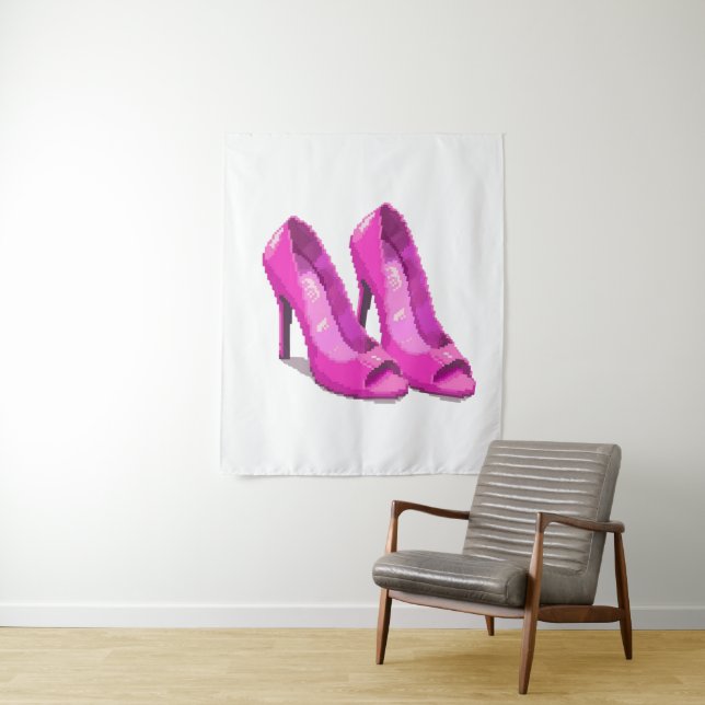 Pink High Heels 64-Bit Pixel Art Style Tapestry (In Situ)