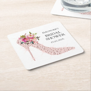 Pink High Heels Bridal Shower Square Paper Coaster