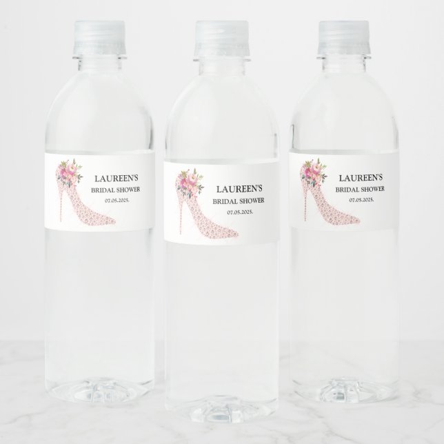 Pink High Heels Bridal Shower Water Bottle Label (Bottles)