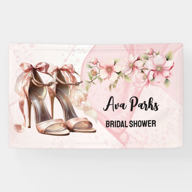 Pink High Heels Floral Alcohol Ink Bridal Shower Banner (Horizontal)