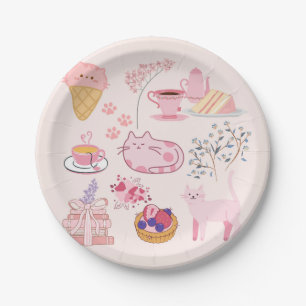 Pink High Tea Cats Paper Plate