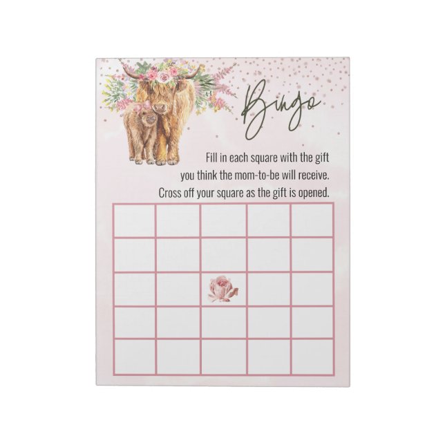 Pink Highland Cow Baby Shower Bingo Game Notepad (Rotated)