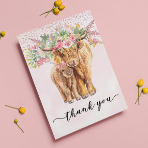 Pink Highland Cow Baby Shower Thank you Card