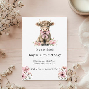 Pink Highland Cow Birthday Party Invitation