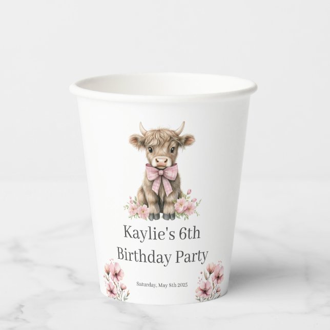 Pink Highland Cow Birthday Party  Paper Cups (Front)