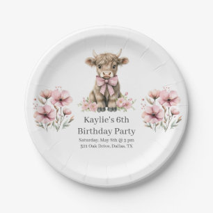 Pink Highland Cow Birthday Party Paper Plate