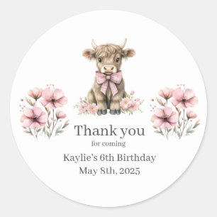 Pink Highland Cow Birthday Party Thank You Sticker