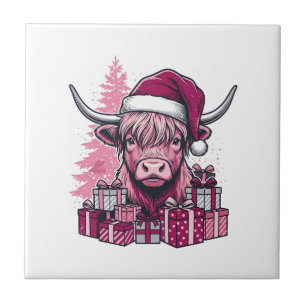 Pink Highland Cow Christmas Gifts Vintage Art_1 Ceramic Tile