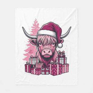 Pink Highland Cow Christmas Gifts Vintage Art_1 Fleece Blanket