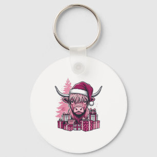 Pink Highland Cow Christmas Gifts Vintage Art_1 Key Ring