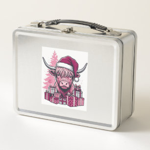 Pink Highland Cow Christmas Gifts Vintage Art_1 Metal Lunch Box