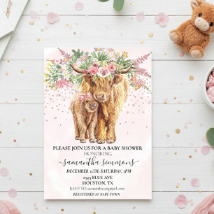 Pink Highland Cow Floral Baby Shower  Acrylic Invitations