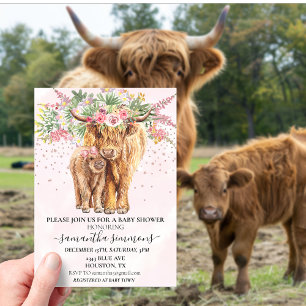 Pink Highland Cow Floral Baby Shower  Acrylic Invitations