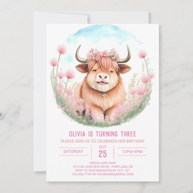 Pink Highland Cow Girl's Birthday Invitation (Front)