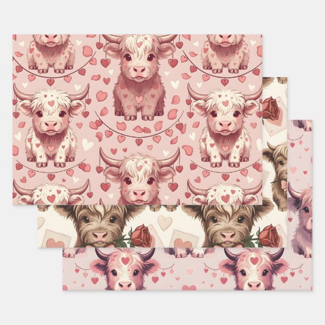 Pink Highland Cow Valentine Hearts Roses Wrapping Paper Sheet (Set)