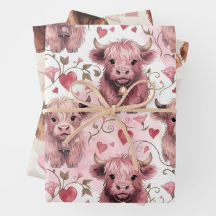 Pink Highland Cow Valentine Hearts Wrapping Paper Sheet
