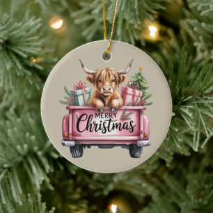 Pink Highland Cow Xmas Girly Fluffy Cow In Truck Ceramic Ornament