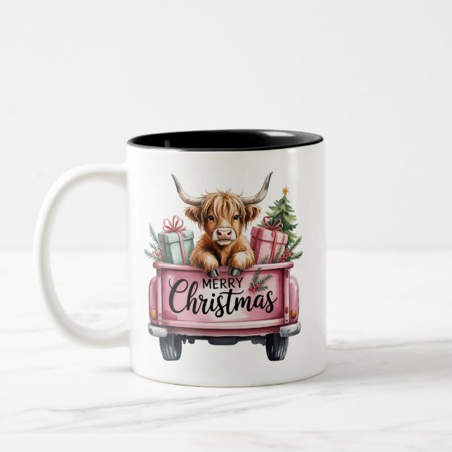 Pink Highland Cow Xmas Girly Fluffy Cow In Truck Two-Tone Coffee Mug (Left)