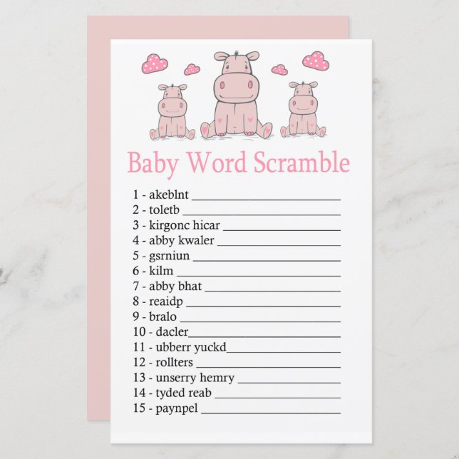 Pink Hippo Baby word scramble game (Front/Back)