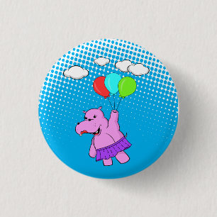 Pink Hippo Flying With Balloons 3 Cm Round Badge