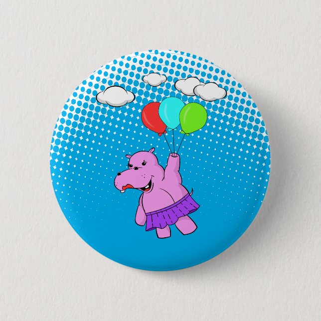 Pink Hippo Flying With Balloons 6 Cm Round Badge (Front)
