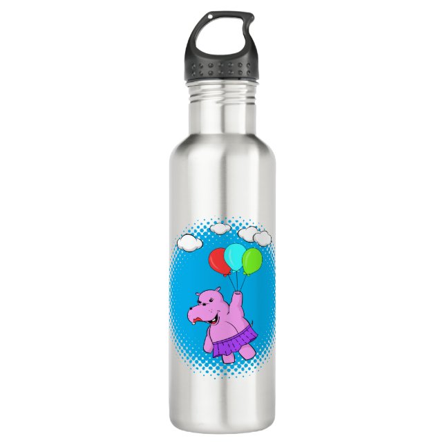 Pink Hippo Flying With Balloons 710 Ml Water Bottle (Front)