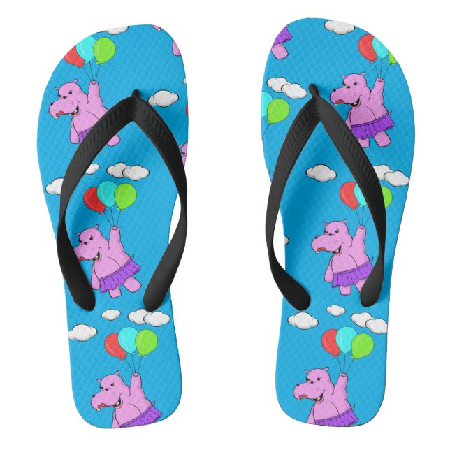 Pink Hippo Flying With Balloons In Blue Sky Thongs (Footbed)