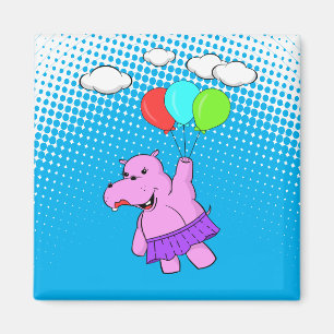 Pink Hippo Flying With Balloons Magnet