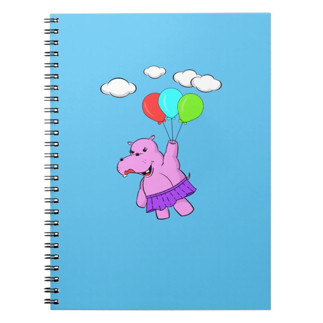 Pink Hippo Flying With Balloons Notebook (Front)