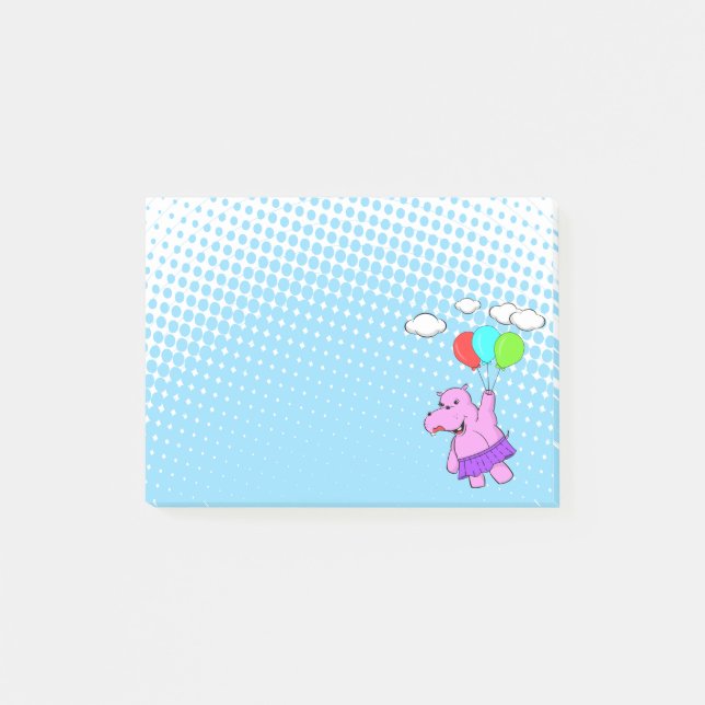 Pink Hippo Flying With Balloons Post-it Notes (Front)