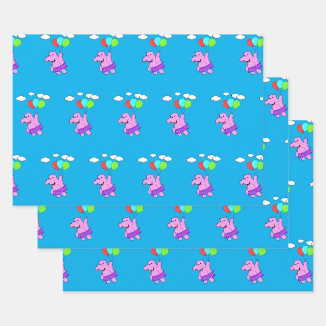 Pink Hippo Flying With Balloons Wrapping Paper Sheet (Set)