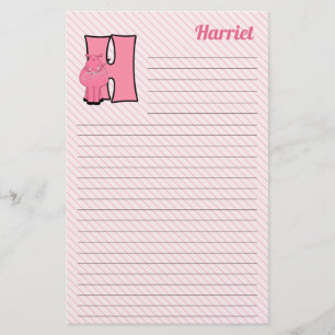 Pink Hippo Mongrammed Letter H Lined Stationery