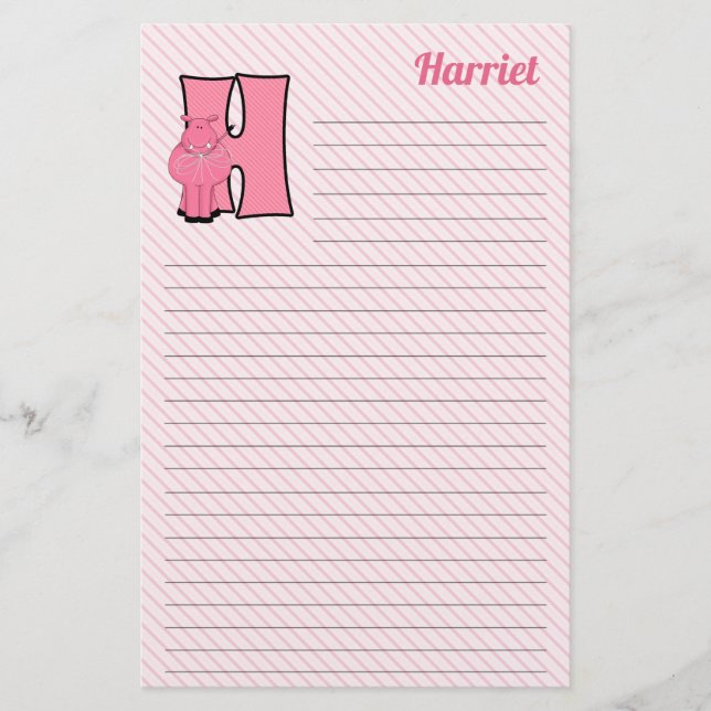 Pink Hippo Mongrammed Letter H Lined Stationery (Front)